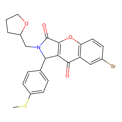 7-bromo-1-(4-methylthiophenyl)-2-(oxolan-2-ylmethyl)chromeno[2,3-c]3-pyrroline -3,9-dione structure