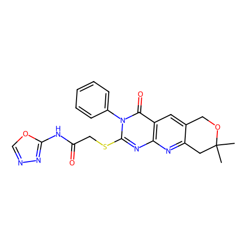 2-((8,8-dimethyl-4-oxo-3-phenyl-4,6,8,9-tetrahydro-3H-pyrano[3',4':5,6]pyrido[2,3-d]pyrimidin-2-yl)thio)-N-(1,3,4-oxadiazol-2-yl)acetamide structure