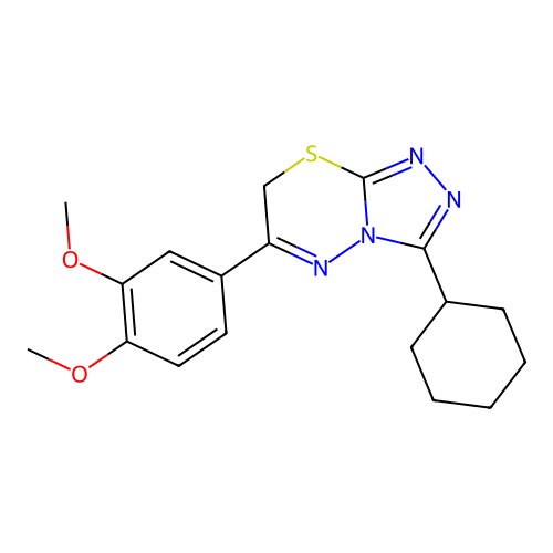 3-cyclohexyl-6-(3,4-dimethoxyphenyl)-7H-[1,2,4]triazolo[3,4-b][1,3,4]thiadiazine structure