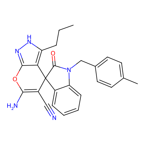 6'-amino-1-(4-methylbenzyl)-2-oxo-3'-propyl-1'H-spiro[indoline-3,4'-pyrano[2,3-c]pyrazole]-5'-carbonitrile structure