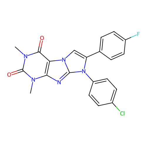 8-(4-chlorophenyl)-7-(4-fluorophenyl)-1,3-dimethyl-1H-imidazo[2,1-f]purine-2,4(3H,8H)-dione structure