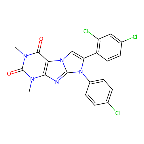 8-(4-chlorophenyl)-7-(2,4-dichlorophenyl)-1,3-dimethyl-1H-imidazo[2,1-f]purine-2,4(3H,8H)-dione structure