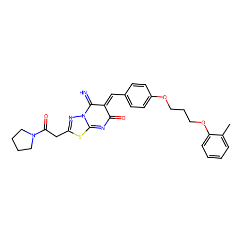 (6Z)-5-imino-6-[[4-[3-(2-methylphenoxy)propoxy]phenyl]methylidene]-2-(2-oxo-2-pyrrolidin-1-ylethyl)-[1,3,4]thiadiazolo[3,2-a]pyrimidin-7-one structure