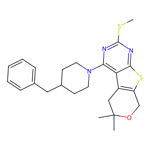 4-(4-benzylpiperidin-1-yl)-6,6-dimethyl-2-(methylsulfanyl)-5,8-dihydro-6H-pyrano[4',3':4,5]thieno[2,3-d]pyrimidine structure