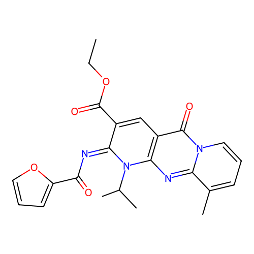 (Z)-ethyl 2-((furan-2-carbonyl)imino)-1-isopropyl-10-methyl-5-oxo-2,5-dihydro-1H-dipyrido[1,2-a:2',3'-d]pyrimidine-3-carboxylate structure