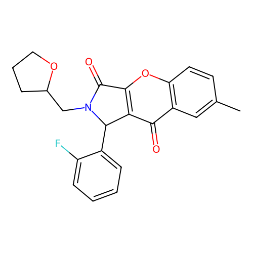 1-(2-fluorophenyl)-7-methyl-2-(tetrahydrofuran-2-ylmethyl)-1,2-dihydrochromeno[2,3-c]pyrrole-3,9-dione structure