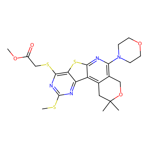 methyl {[2,2-dimethyl-10-(methylsulfanyl)-5-(morpholin-4-yl)-1,4-dihydro-2H-pyrano[4'',3'':4',5']pyrido[3',2':4,5]thieno[3,2-d]pyrimidin-8-yl]sulfanyl}acetate structure