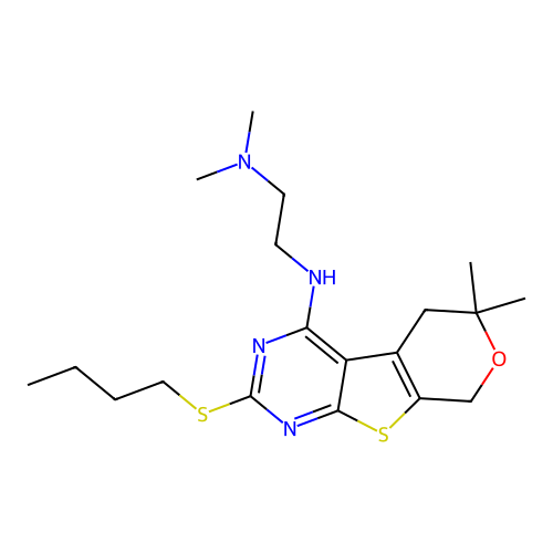N'-[2-(butylsulfanyl)-6,6-dimethyl-5,8-dihydro-6H-pyrano[4',3':4,5]thieno[2,3-d]pyrimidin-4-yl]-N,N-dimethylethane-1,2-diamine structure