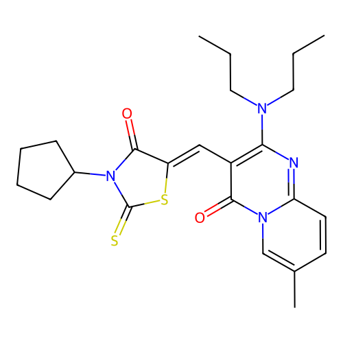 3-[(Z)-(3-cyclopentyl-4-oxo-2-thioxo-1,3-thiazolidin-5-ylidene)methyl]-2-(dipropylamino)-7-methyl-4H-pyrido[1,2-a]pyrimidin-4-one structure
