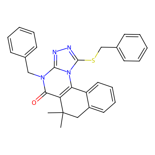 4-benzyl-1-(benzylsulfanyl)-6,6-dimethyl-6,7-dihydrobenzo[h][1,2,4]triazolo[4,3-a]quinazolin-5(4H)-one structure
