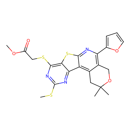 (5-Furan-2-yl-2,2-dimethyl-10-methylsulfanyl-1,4-dihydro-2H-3-oxa-7-thia-6,9,11-triaza-benzo[c]fluoren- 8-ylsulfanyl)-acetic acid methyl ester structure