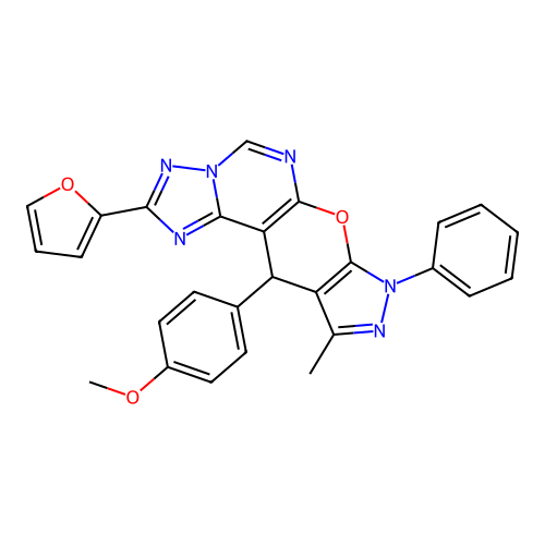 2-(furan-2-yl)-11-(4-methoxyphenyl)-10-methyl-8-phenyl-8,11-dihydropyrazolo[4',3':5,6]pyrano[3,2-e][1,2,4]triazolo[1,5-c]pyrimidine structure