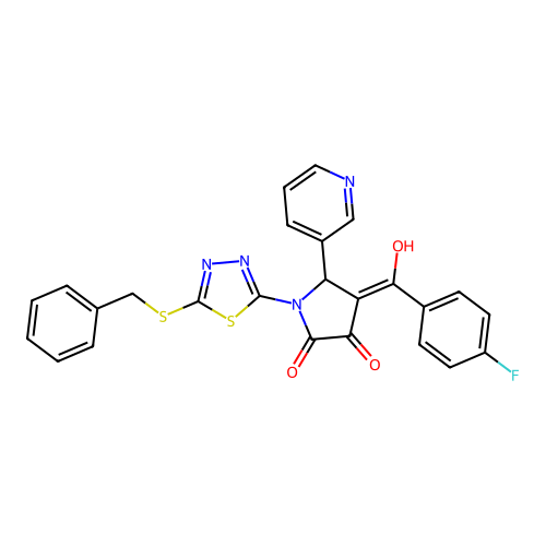 (4E)-1-(5-benzylsulfanyl-1,3,4-thiadiazol-2-yl)-4-[(4-fluorophenyl)-hydroxymethylidene]-5-pyridin-3-ylpyrrolidine-2,3-dione structure