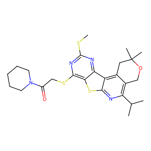 2-((5-isopropyl-2,2-dimethyl-10-(methylthio)-2,4-dihydro-1H-pyrano[4'',3'':4',5']pyrido[3',2':4,5]thieno[3,2-d]pyrimidin-8-yl)thio)-1-(piperidin-1-yl)ethanone structure