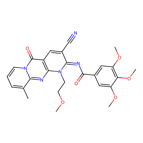 (E)-N-(3-cyano-1-(2-methoxyethyl)-10-methyl-5-oxo-1H-dipyrido[1,2-a:2',3'-d]pyrimidin-2(5H)-ylidene)-3,4,5-trimethoxybenzamide structure