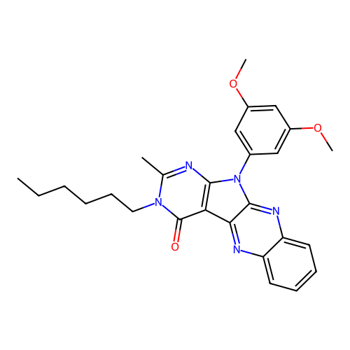 11-(3,5-dimethoxyphenyl)-3-hexyl-2-methyl-3,11-dihydro-4H-pyrimido[5',4':4,5]pyrrolo[2,3-b]quinoxalin-4-one structure