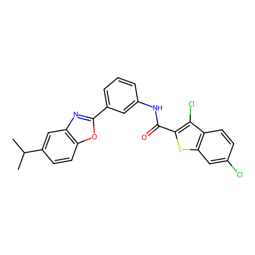 3,6-dichloro-N-{3-[5-(propan-2-yl)-1,3-benzoxazol-2-yl]phenyl}-1-benzothiophene-2-carboxamide structure