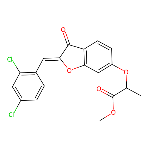 (Z)-methyl 2-((2-(2,4-dichlorobenzylidene)-3-oxo-2,3-dihydrobenzofuran-6-yl)oxy)propanoate structure