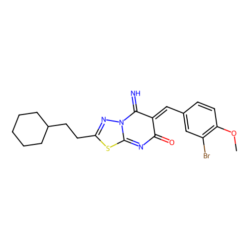 (Z)-6-(3-bromo-4-methoxybenzylidene)-2-(2-cyclohexylethyl)-5-imino-5H-[1,3,4]thiadiazolo[3,2-a]pyrimidin-7(6H)-one structure