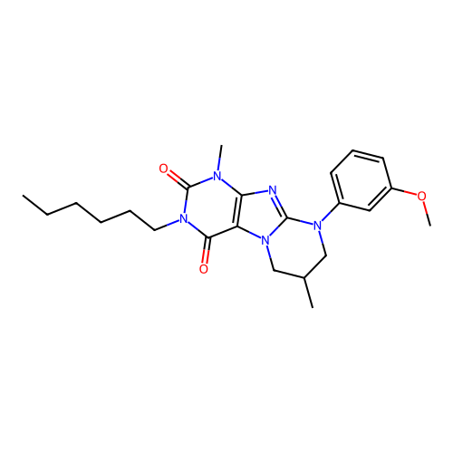 3-hexyl-9-(3-methoxyphenyl)-1,7-dimethyl-6,7,8,9-tetrahydropyrimido[2,1-f]purine-2,4(1H,3H)-dione structure
