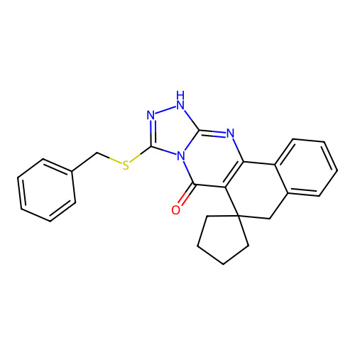 9-(benzylthio)-5H-spiro[benzo[h][1,2,4]triazolo[3,4-b]quinazoline-6,1'-cyclopentan]-7(12H)-one structure