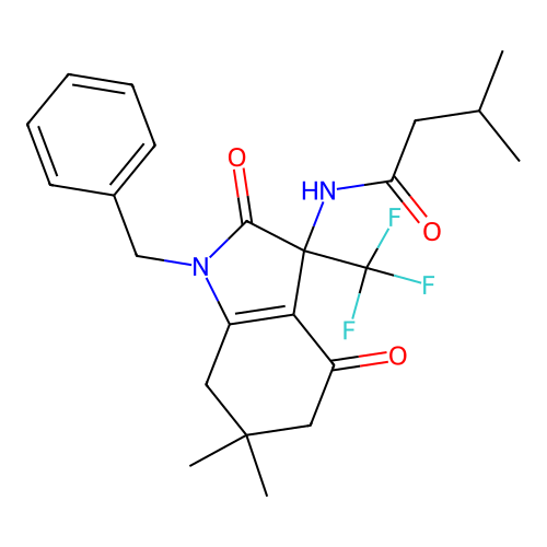 N-[1-benzyl-6,6-dimethyl-2,4-dioxo-3-(trifluoromethyl)-2,3,4,5,6,7-hexahydro-1H-indol-3-yl]-3-methylbutanamide structure