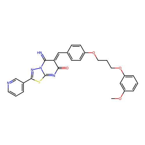(6Z)-5-imino-6-[[4-[3-(3-methoxyphenoxy)propoxy]phenyl]methylidene]-2-pyridin-3-yl-[1,3,4]thiadiazolo[3,2-a]pyrimidin-7-one structure