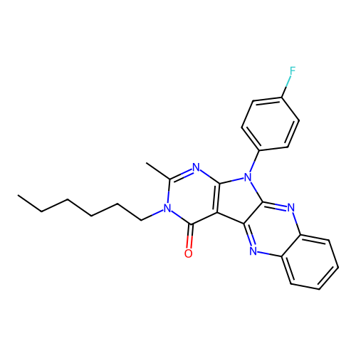 11-(4-fluorophenyl)-3-hexyl-2-methyl-3,11-dihydro-4H-pyrimido[5',4':4,5]pyrrolo[2,3-b]quinoxalin-4-one structure