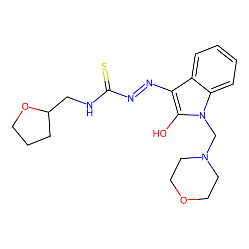 1-[[1-(morpholin-4-ylmethyl)-2-oxoindol-3-ylidene]amino]-3-(oxolan-2-ylmethyl)thiourea structure