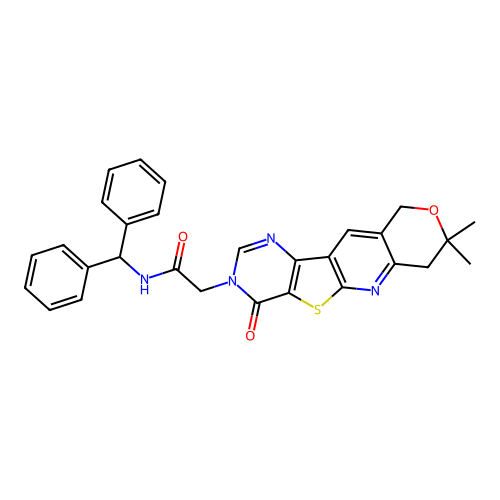 N-Benzhydryl-2-(8,8-dimethyl-1-oxo-8,9-dihydro-1H,6H-7-oxa-11-thia-2,4,10-triaza-benzo[b]fluoren-2-yl )-acetamide structure