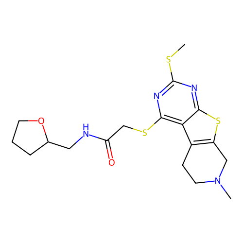 2-(7-Methyl-2-methylsulfanyl-5,6,7,8-tetrahydro-pyrido[4',3':4,5]thieno[2,3-d]pyrimidin-4-ylsulfanyl)-N-(tet rahydro-furan-2-ylmethyl)-acetamide structure