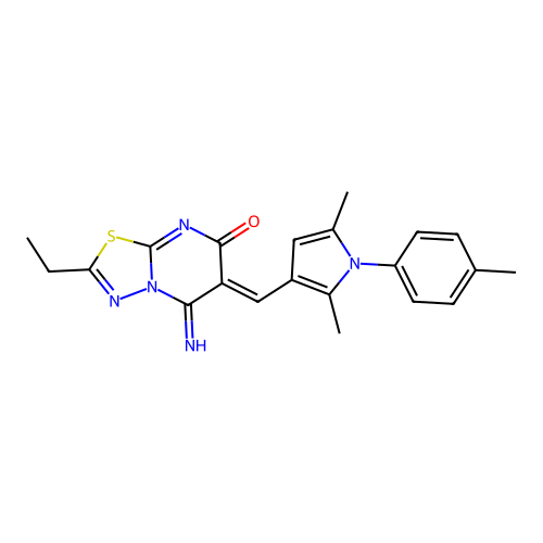 (6Z)-6-[[2,5-dimethyl-1-(4-methylphenyl)pyrrol-3-yl]methylidene]-2-ethyl-5-imino-[1,3,4]thiadiazolo[3,2-a]pyrimidin-7-one structure