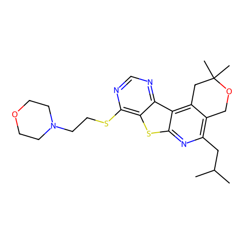 2,2-dimethyl-5-(2-methylpropyl)-8-{[2-(morpholin-4-yl)ethyl]sulfanyl}-1,4-dihydro-2H-pyrano[4'',3'':4',5']pyrido[3',2':4,5]thieno[3,2-d]pyrimidine structure
