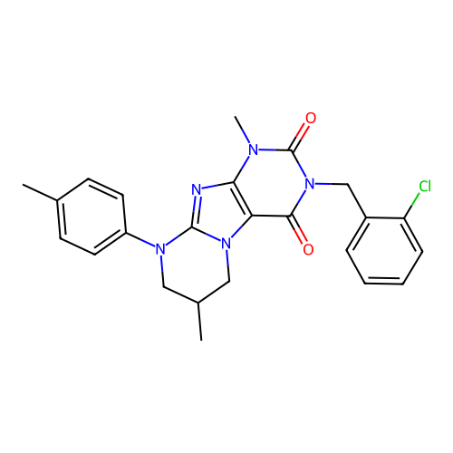 3-[(2-chlorophenyl)methyl]-1,7-dimethyl-9-(4-methylphenyl)-1H,2H,3H,4H,6H,7H,8H,9H-pyrimido[1,2-g]purine-2,4-dione structure