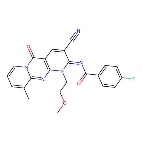 (E)-N-(3-cyano-1-(2-methoxyethyl)-10-methyl-5-oxo-1H-dipyrido[1,2-a:2',3'-d]pyrimidin-2(5H)-ylidene)-4-fluorobenzamide structure