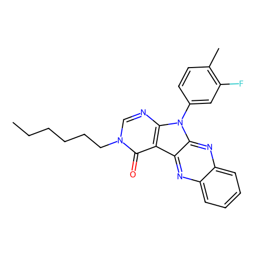 11-(3-fluoro-4-methylphenyl)-3-hexyl-3,11-dihydro-4H-pyrimido[5',4':4,5]pyrrolo[2,3-b]quinoxalin-4-one structure