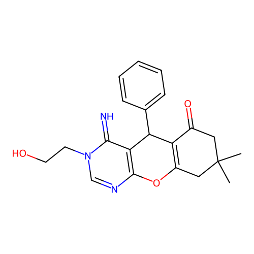 3-(2-hydroxyethyl)-4-imino-8,8-dimethyl-5-phenyl-3,4,5,7,8,9-hexahydro-6H-chromeno[2,3-d]pyrimidin-6-one structure