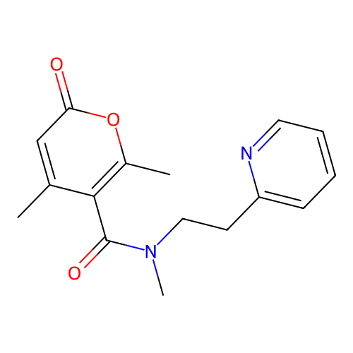N,4,6-trimethyl-2-oxo-N-(2-(pyridin-2-yl)ethyl)-2H-pyran-5-carboxamide structure