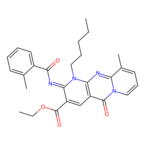 (Z)-ethyl 10-methyl-2-((2-methylbenzoyl)imino)-5-oxo-1-pentyl-2,5-dihydro-1H-dipyrido[1,2-a:2',3'-d]pyrimidine-3-carboxylate structure