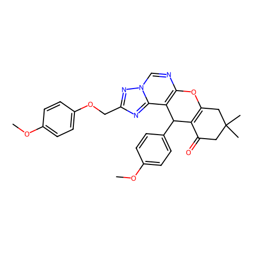 2-[(4-methoxyphenoxy)methyl]-12-(4-methoxyphenyl)-9,9-dimethyl-8,9,10,12-tetrahydro-11H-chromeno[3,2-e][1,2,4]triazolo[1,5-c]pyrimidin-11-one structure