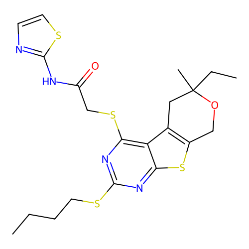 2-((2-(butylthio)-6-ethyl-6-methyl-6,8-dihydro-5H-pyrano[4',3':4,5]thieno[2,3-d]pyrimidin-4-yl)thio)-N-(thiazol-2-yl)acetamide structure
