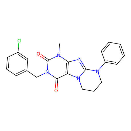 3-(3-chlorobenzyl)-1-methyl-9-phenyl-6,7,8,9-tetrahydropyrimido[2,1-f]purine-2,4(1H,3H)-dione structure