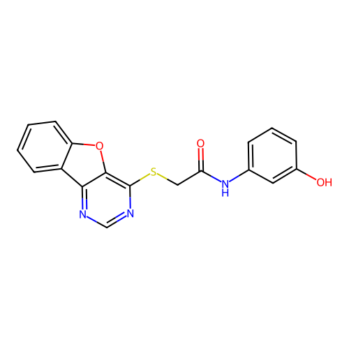 2-([1]benzofuro[3,2-d]pyrimidin-4-ylsulfanyl)-N-(3-hydroxyphenyl)acetamide structure