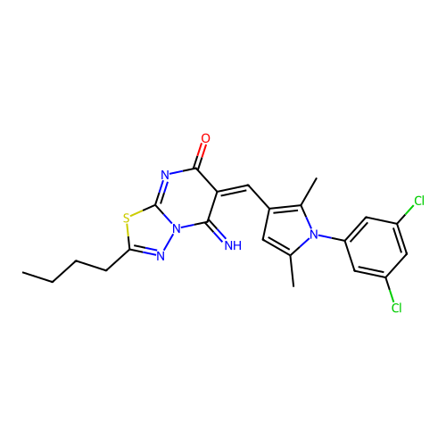 2-Butyl-6-[[1-(3,5-dichlorophenyl)-2,5-dimethyl-1H-pyrrol-3-yl]methylene]-5,6-dihydro-5-imino-7H-1,3,4-thiadiazolo[3,2-a]pyrimidin-7-one structure
