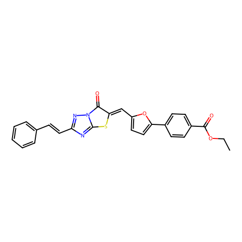 ethyl 4-{5-[(Z)-{6-oxo-2-[(E)-2-phenylethenyl][1,3]thiazolo[3,2-b][1,2,4]triazol-5(6H)-ylidene}methyl]furan-2-yl}benzoate structure