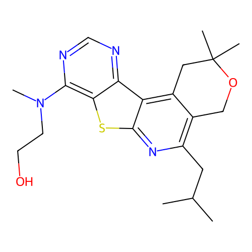 2-((5-isobutyl-2,2-dimethyl-2,4-dihydro-1H-pyrano[4'',3'':4',5']pyrido[3',2':4,5]thieno[3,2-d]pyrimidin-8-yl)(methyl)amino)ethanol structure