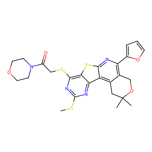 2-((5-(furan-2-yl)-2,2-dimethyl-10-(methylthio)-2,4-dihydro-1H-pyrano[4'',3'':4',5']pyrido[3',2':4,5]thieno[3,2-d]pyrimidin-8-yl)thio)-1-morpholinoethanone structure