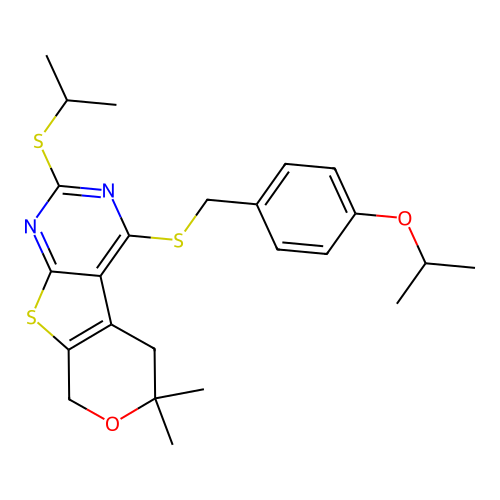 4-((4-isopropoxybenzyl)thio)-2-(isopropylthio)-6,6-dimethyl-6,8-dihydro-5H-pyrano[4',3':4,5]thieno[2,3-d]pyrimidine structure