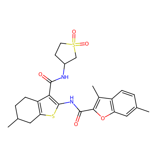 N-{3-[(1,1-dioxidotetrahydrothiophen-3-yl)carbamoyl]-6-methyl-4,5,6,7-tetrahydro-1-benzothiophen-2-yl}-3,6-dimethyl-1-benzofuran-2-carboxamide structure