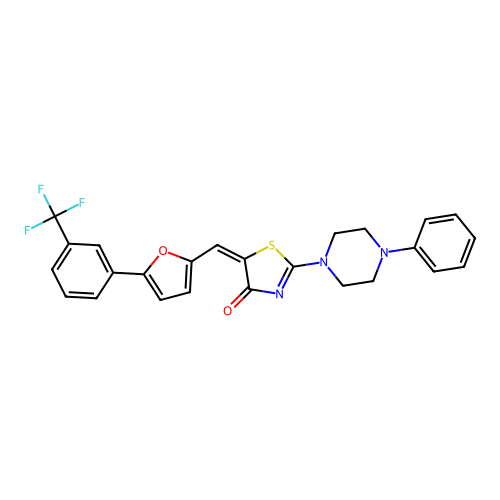 (5E)-2-(4-phenylpiperazin-1-yl)-5-({5-[3-(trifluoromethyl)phenyl]furan-2-yl}methylidene)-1,3-thiazol-4(5H)-one structure